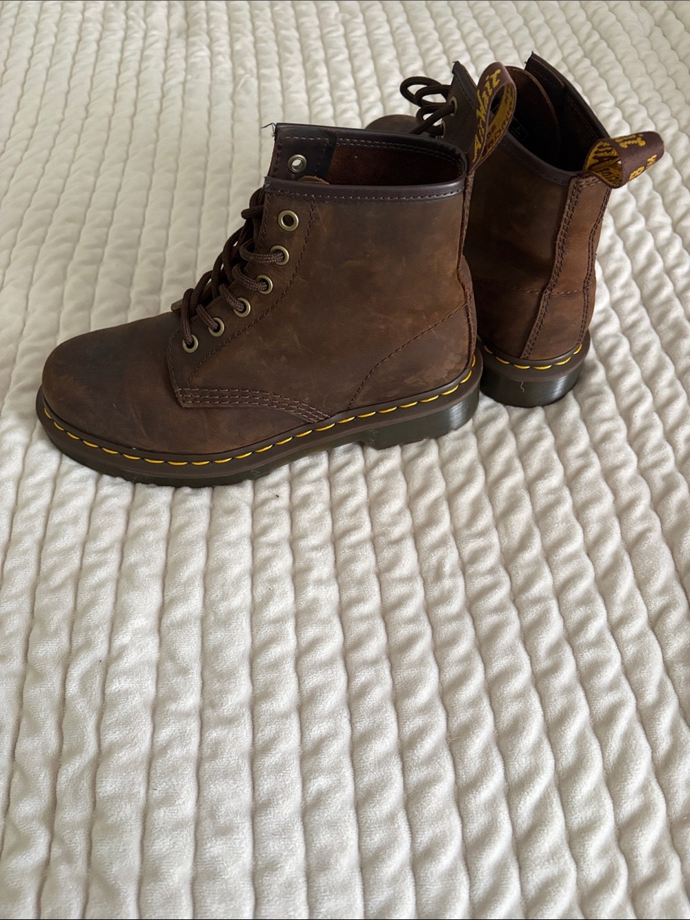Dr. Martens Brown Leather Lace-Up Combat Boots with Yellow Stitching - Picture 3 of 4